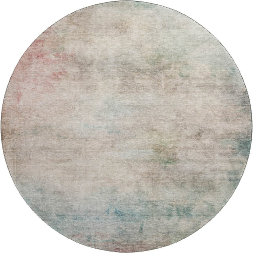 HomeRoots 8' X 8' Stylish Taupe, Blush & Teal Abstract Washable Round Rug with UV Protection for Home Decor 692217