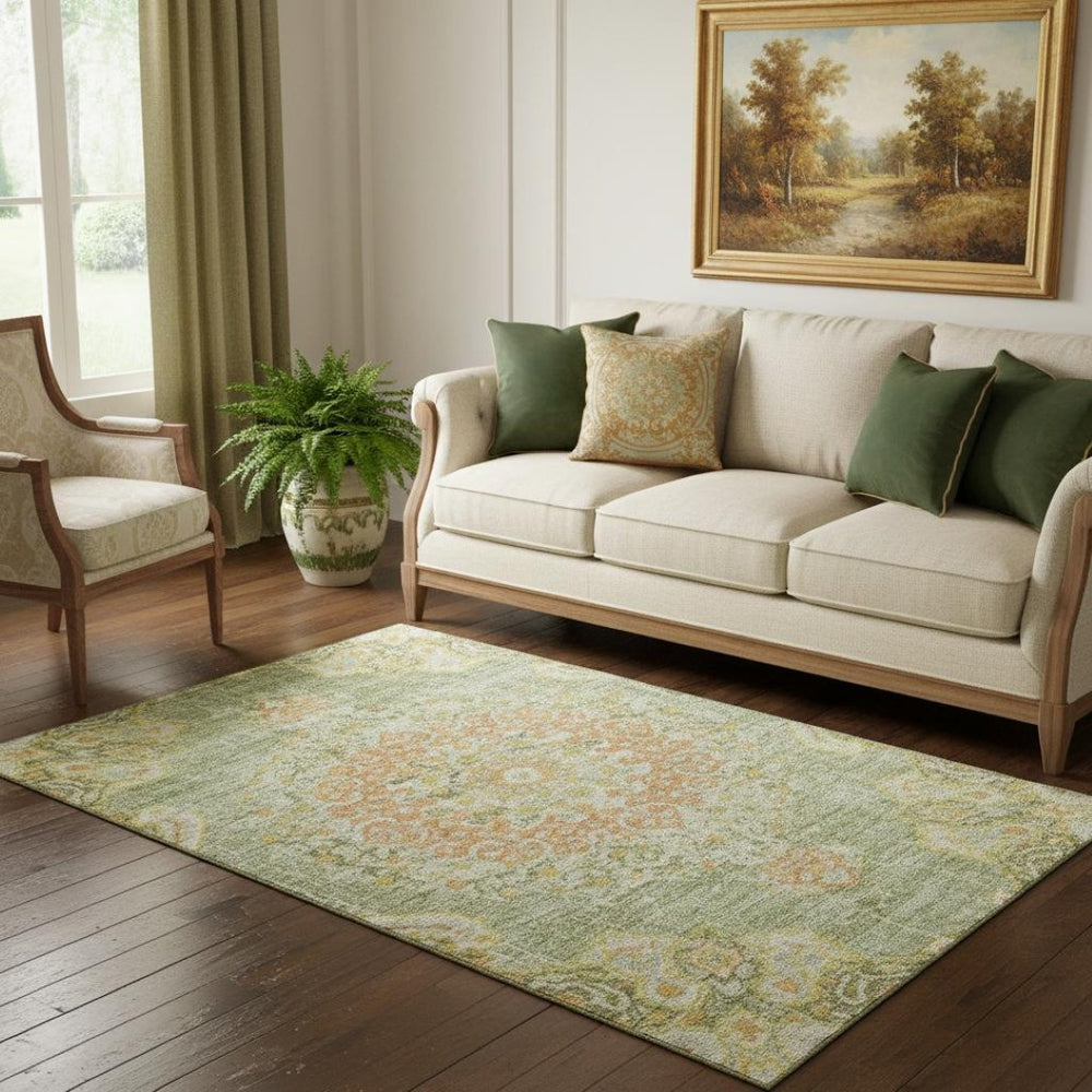 HomeRoots 5' X 8' Artichoke Green Floral Area Rug - Washable, UV Protected, Stain Resistant for Busy Homes 692222