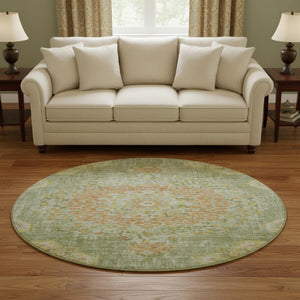 HomeRoots 8' X 8' Floral Washable Round Area Rug in Artichoke Green, Copper & Gold - UV Protected & Durable 692223