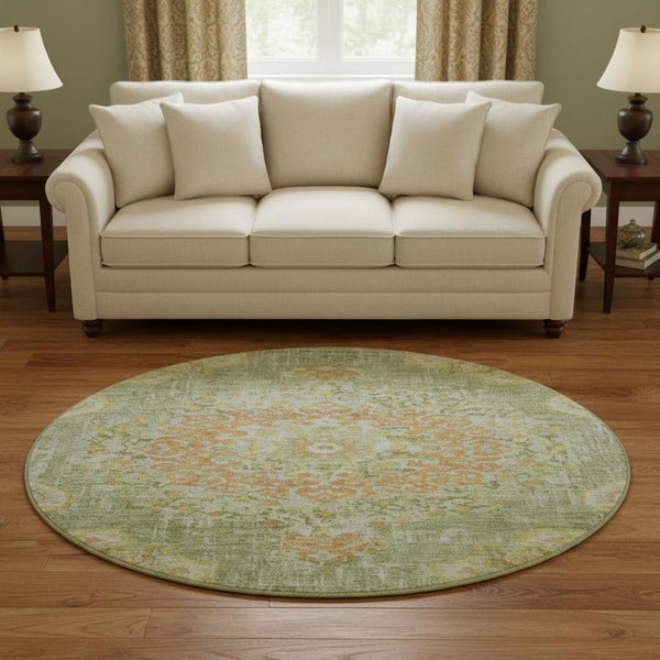 HomeRoots 8' X 8' Floral Washable Round Area Rug in Artichoke Green, Copper & Gold - UV Protected & Durable 692223