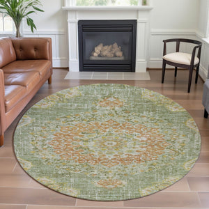 HomeRoots 8' X 8' Floral Washable Round Area Rug in Artichoke Green, Copper & Gold - UV Protected & Durable 692223