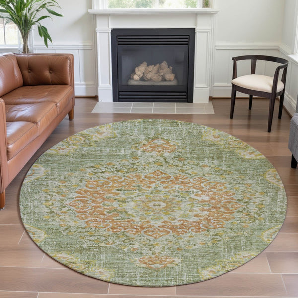 HomeRoots 8' X 8' Floral Washable Round Area Rug in Artichoke Green, Copper & Gold - UV Protected & Durable 692223