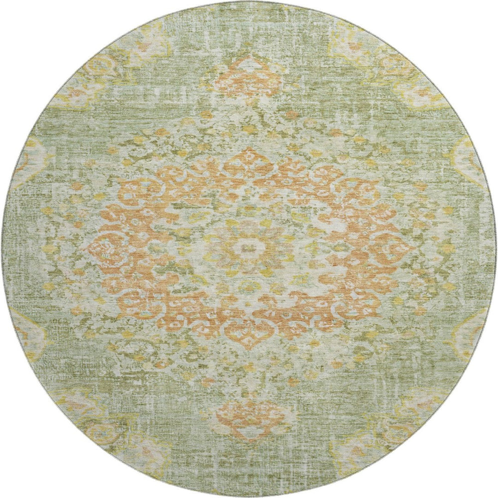 HomeRoots 8' X 8' Floral Washable Round Area Rug in Artichoke Green, Copper & Gold - UV Protected & Durable 692223