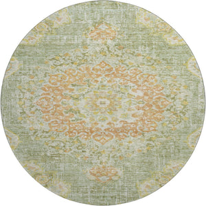 HomeRoots 8' X 8' Floral Washable Round Area Rug in Artichoke Green, Copper & Gold - UV Protected & Durable 692223