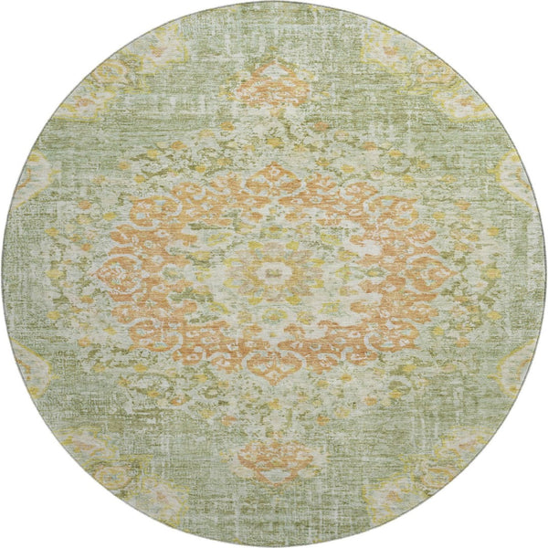 HomeRoots 8' X 8' Floral Washable Round Area Rug in Artichoke Green, Copper & Gold - UV Protected & Durable 692223