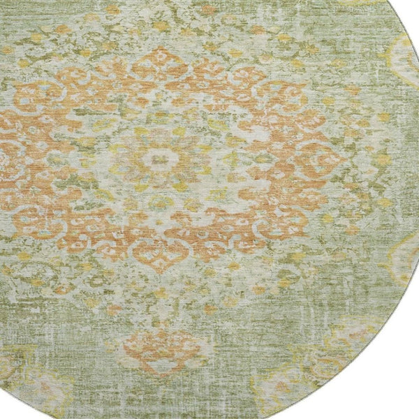 HomeRoots 8' X 8' Floral Washable Round Area Rug in Artichoke Green, Copper & Gold - UV Protected & Durable 692223