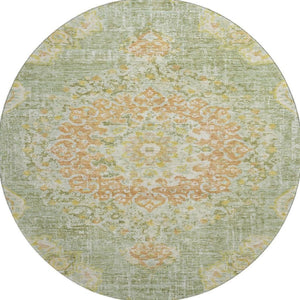 HomeRoots 8' X 8' Floral Washable Round Area Rug in Artichoke Green, Copper & Gold - UV Protected & Durable 692223