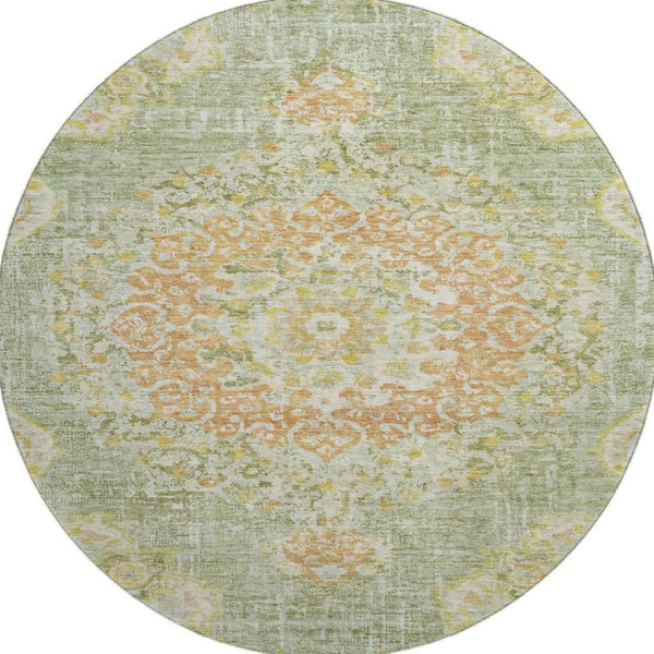 HomeRoots 8' X 8' Floral Washable Round Area Rug in Artichoke Green, Copper & Gold - UV Protected & Durable 692223