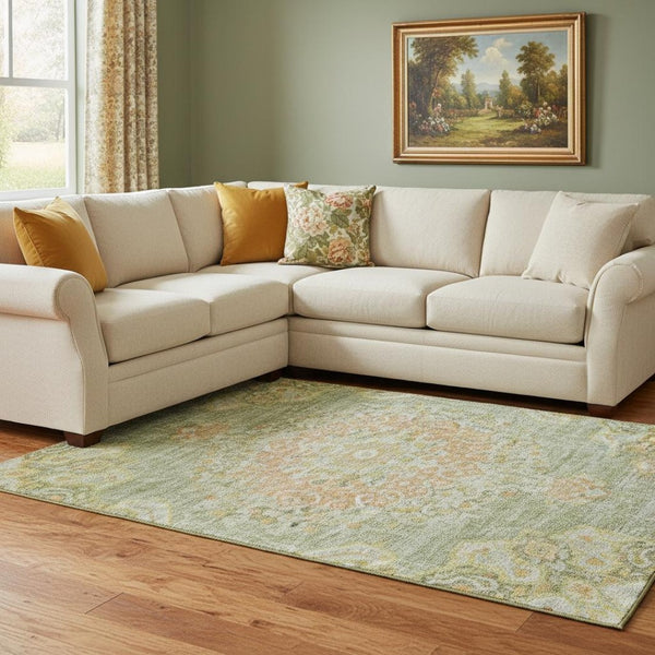 HomeRoots 8' Timeless Artichoke Green Floral Area Rug – Washable, UV-Protected, Durable, and Elegant Design 692224