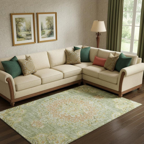 HomeRoots 10' X 14' Elegant Artichoke Green Floral Area Rug - Washable, UV-Protected & Durable for Busy Homes 692226