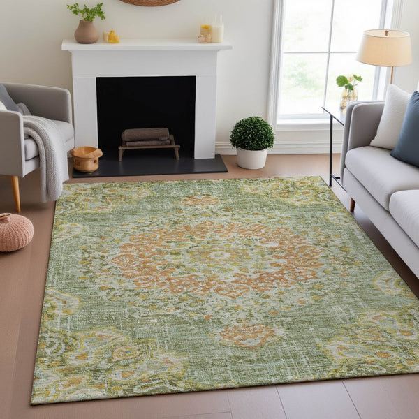 HomeRoots 10' X 14' Elegant Artichoke Green Floral Area Rug - Washable, UV-Protected & Durable for Busy Homes 692226