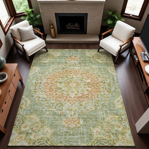 HomeRoots 10' X 14' Elegant Artichoke Green Floral Area Rug - Washable, UV-Protected & Durable for Busy Homes 692226