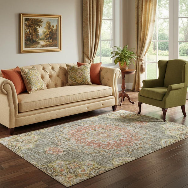 HomeRoots 5' X 8' Brown Copper Gold Floral Area Rug - Washable, UV Protected, Durable for High Traffic Areas 692228