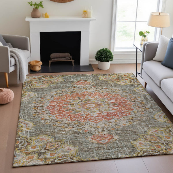 HomeRoots 5' X 8' Brown Copper Gold Floral Area Rug - Washable, UV Protected, Durable for High Traffic Areas 692228