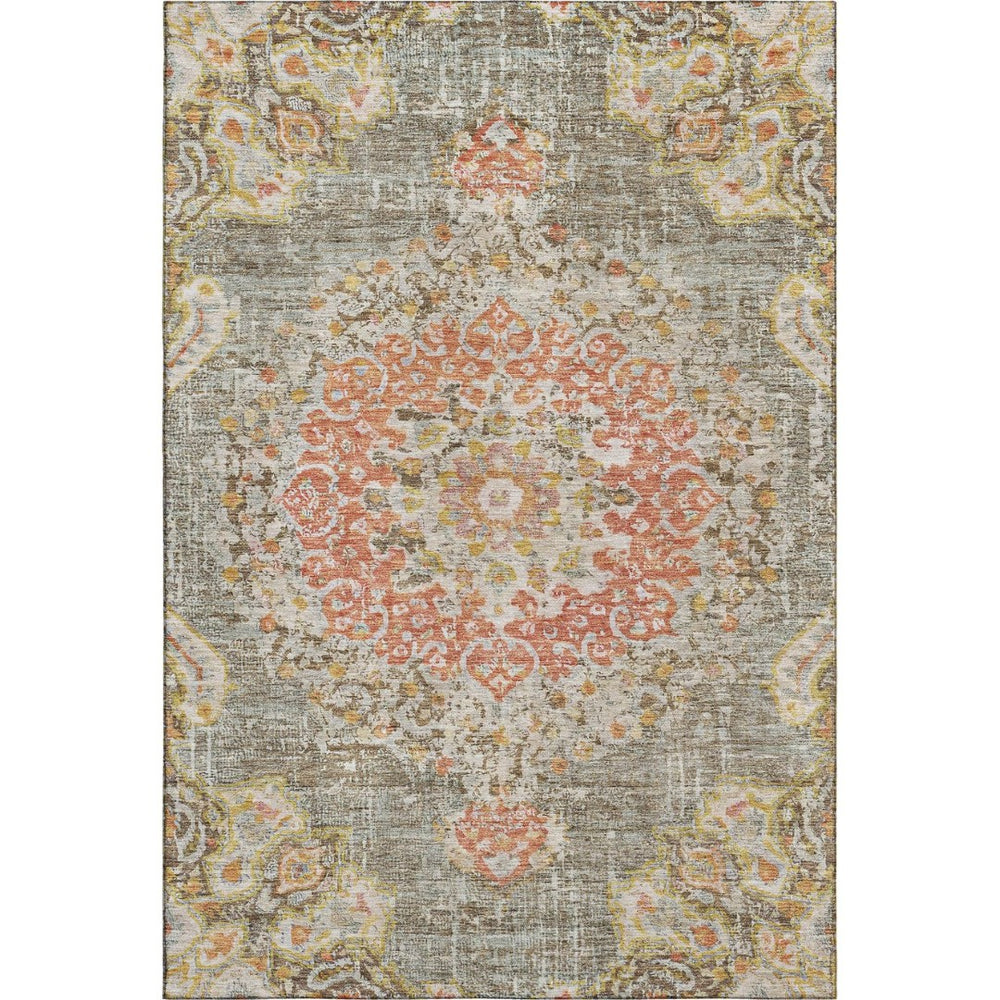 HomeRoots 5' X 8' Brown Copper Gold Floral Area Rug - Washable, UV Protected, Durable for High Traffic Areas 692228