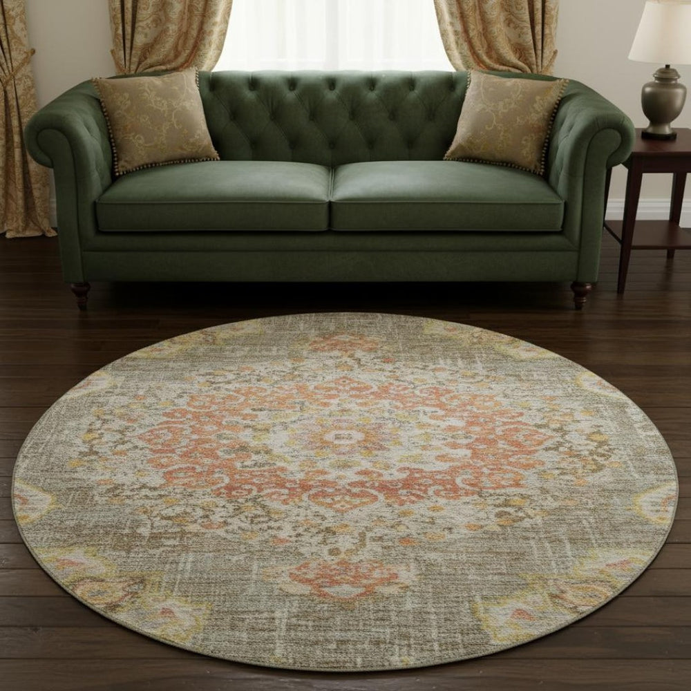 HomeRoots 8' X 8' Elegant Floral Washable Round Rug in Brown, Copper & Gold with UV Protection for Durability 692229