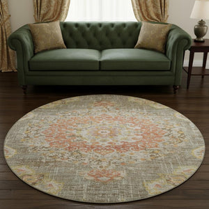 HomeRoots 8' X 8' Elegant Floral Washable Round Rug in Brown, Copper & Gold with UV Protection for Durability 692229