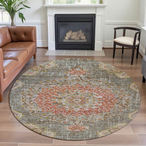 HomeRoots 8' X 8' Elegant Floral Washable Round Rug in Brown, Copper & Gold with UV Protection for Durability 692229