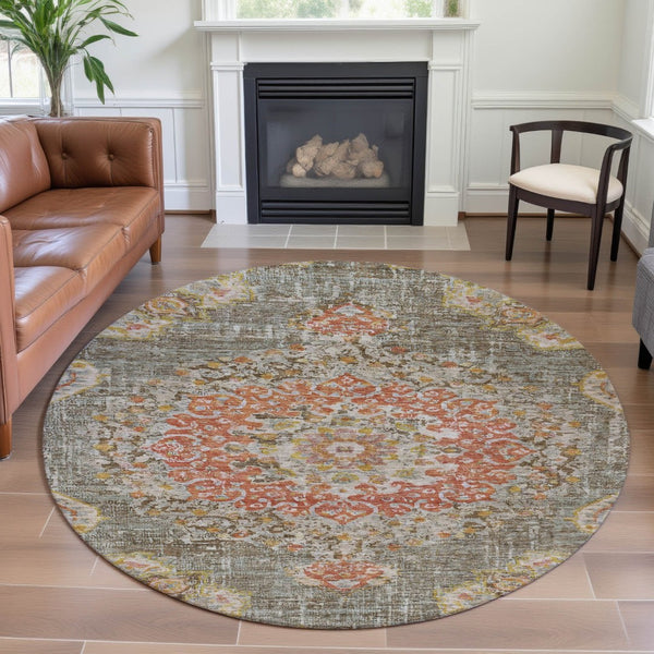 HomeRoots 8' X 8' Elegant Floral Washable Round Rug in Brown, Copper & Gold with UV Protection for Durability 692229