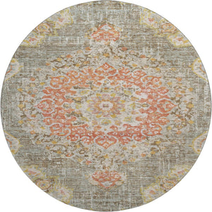 HomeRoots 8' X 8' Elegant Floral Washable Round Rug in Brown, Copper & Gold with UV Protection for Durability 692229