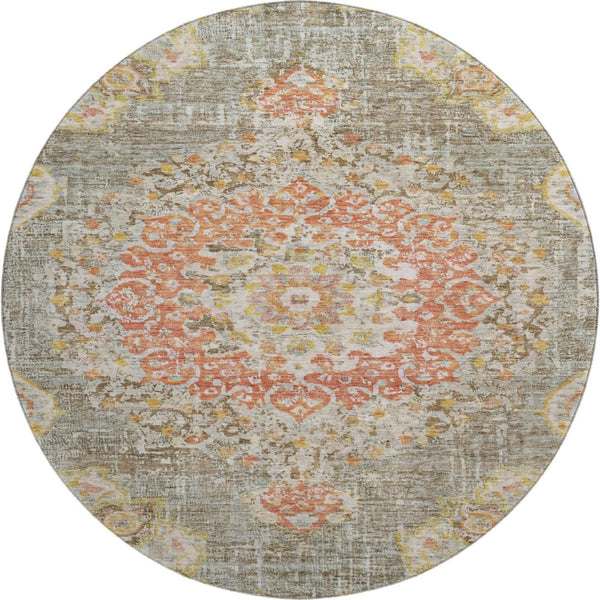 HomeRoots 8' X 8' Elegant Floral Washable Round Rug in Brown, Copper & Gold with UV Protection for Durability 692229