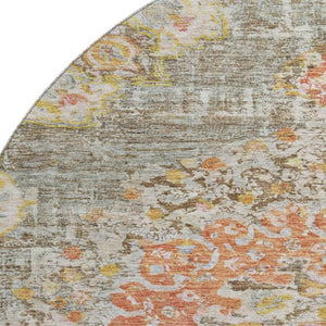 HomeRoots 8' X 8' Elegant Floral Washable Round Rug in Brown, Copper & Gold with UV Protection for Durability 692229
