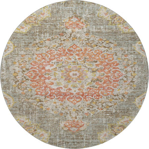 HomeRoots 8' X 8' Elegant Floral Washable Round Rug in Brown, Copper & Gold with UV Protection for Durability 692229