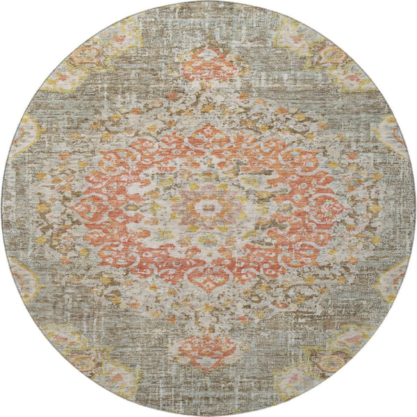 HomeRoots 8' X 8' Elegant Floral Washable Round Rug in Brown, Copper & Gold with UV Protection for Durability 692229