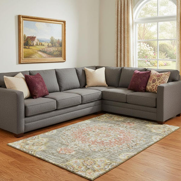 HomeRoots 8' Washable Floral Area Rug in Brown, Copper & Gold - UV Protected, Durable, Machine-Woven Style 692230
