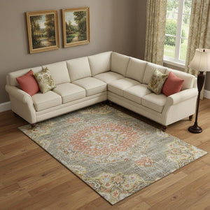 HomeRoots 9' X 12' Durable Brown Copper Gold Floral Area Rug - Washable, Stain Resistant, UV Protected Design 692231
