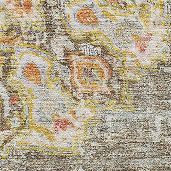 HomeRoots 9' X 12' Durable Brown Copper Gold Floral Area Rug - Washable, Stain Resistant, UV Protected Design 692231