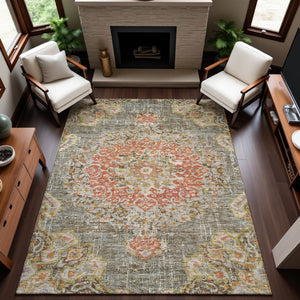 HomeRoots 10' X 14' Brown Copper Floral Washable Area Rug - Stain-Resistant, UV-Protected, Elegant Design 692232