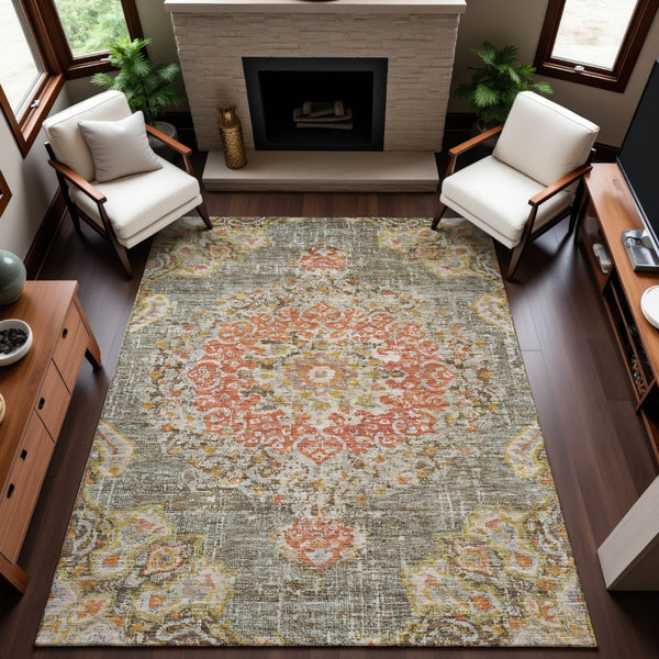 HomeRoots 10' X 14' Brown Copper Floral Washable Area Rug - Stain-Resistant, UV-Protected, Elegant Design 692232
