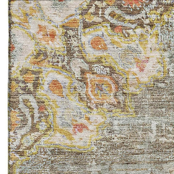 HomeRoots 10' X 14' Brown Copper Floral Washable Area Rug - Stain-Resistant, UV-Protected, Elegant Design 692232