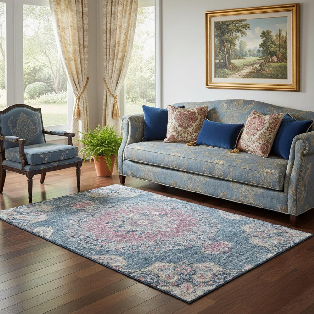 HomeRoots 5' X 8' Blue Blush Ivory Floral Area Rug - Washable, UV Protected, Non-Slip, Ideal for Busy Homes 692234