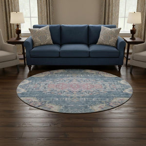 HomeRoots 8' X 8' Floral Washable Round Rug in Blue, Blush, Ivory – Durable, Stylish, UV-Protected Design 692235