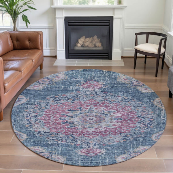 HomeRoots 8' X 8' Floral Washable Round Rug in Blue, Blush, Ivory – Durable, Stylish, UV-Protected Design 692235