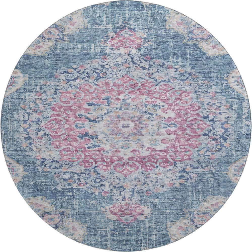 HomeRoots 8' X 8' Floral Washable Round Rug in Blue, Blush, Ivory – Durable, Stylish, UV-Protected Design 692235