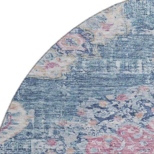 HomeRoots 8' X 8' Floral Washable Round Rug in Blue, Blush, Ivory – Durable, Stylish, UV-Protected Design 692235