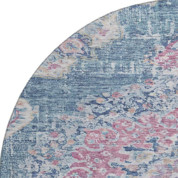 HomeRoots 8' X 8' Floral Washable Round Rug in Blue, Blush, Ivory – Durable, Stylish, UV-Protected Design 692235