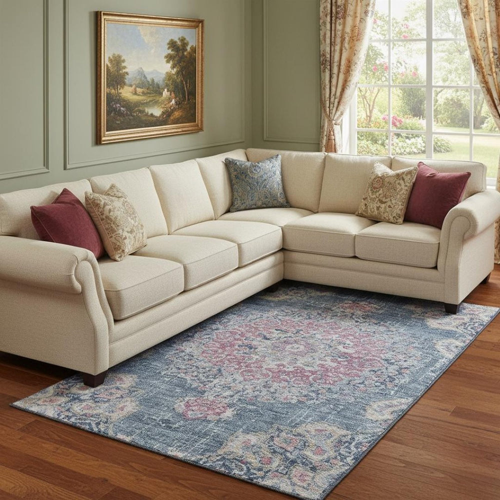 HomeRoots 8' Elegant Blue Blush Ivory Floral Area Rug - Washable, UV Protected, Durable, Non-Slip Design 692236