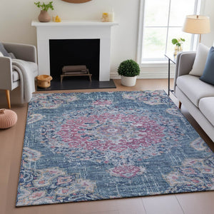HomeRoots 9' X 12' Elegant Floral Area Rug in Blue, Blush & Ivory – Washable, UV Protected, Stain Resistant! 692237