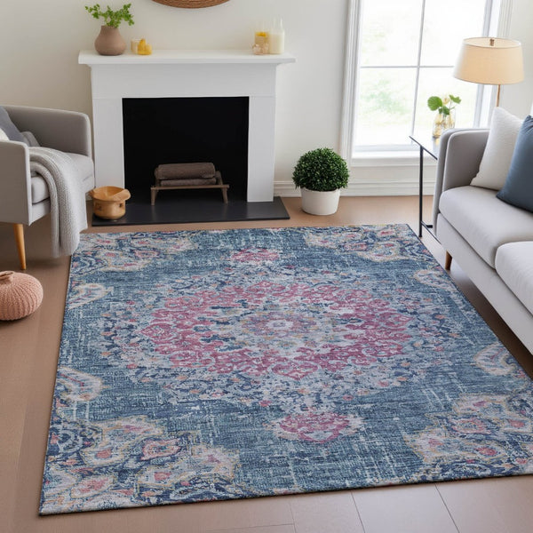 HomeRoots 9' X 12' Elegant Floral Area Rug in Blue, Blush & Ivory – Washable, UV Protected, Stain Resistant! 692237