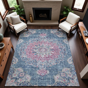HomeRoots 9' X 12' Elegant Floral Area Rug in Blue, Blush & Ivory – Washable, UV Protected, Stain Resistant! 692237