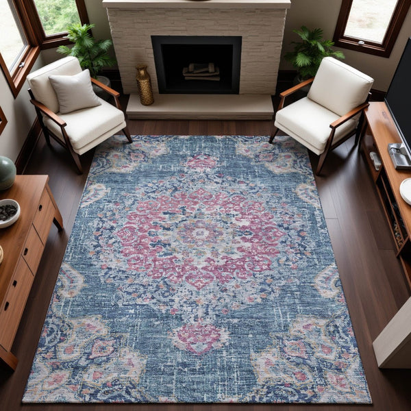 HomeRoots 9' X 12' Elegant Floral Area Rug in Blue, Blush & Ivory – Washable, UV Protected, Stain Resistant! 692237