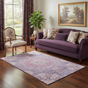 HomeRoots 5' X 8' Floral Washable Area Rug in Purple, Beige & Ivory - UV Protected, Non-Slip, Durable Design! 692240