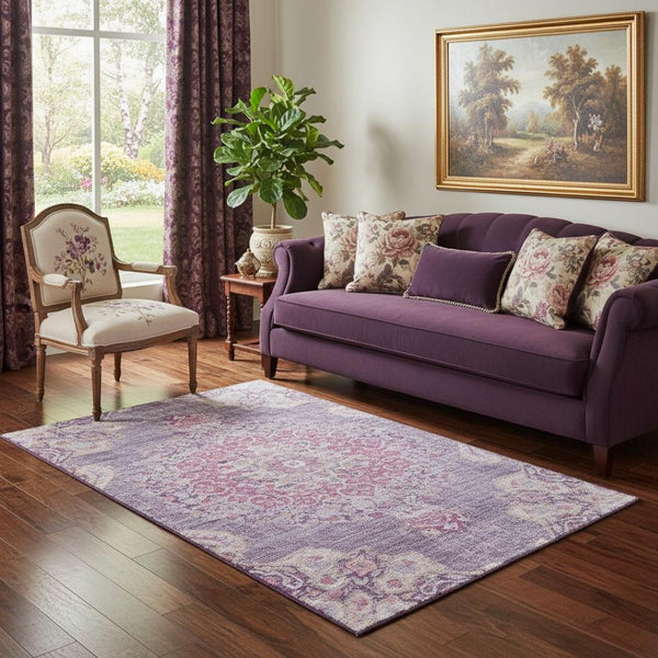 HomeRoots 5' X 8' Floral Washable Area Rug in Purple, Beige & Ivory - UV Protected, Non-Slip, Durable Design! 692240