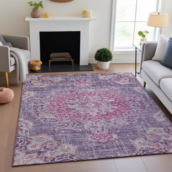 HomeRoots 5' X 8' Floral Washable Area Rug in Purple, Beige & Ivory - UV Protected, Non-Slip, Durable Design! 692240