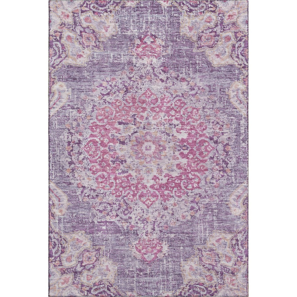 HomeRoots 5' X 8' Floral Washable Area Rug in Purple, Beige & Ivory - UV Protected, Non-Slip, Durable Design! 692240