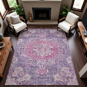 HomeRoots 5' X 8' Floral Washable Area Rug in Purple, Beige & Ivory - UV Protected, Non-Slip, Durable Design! 692240